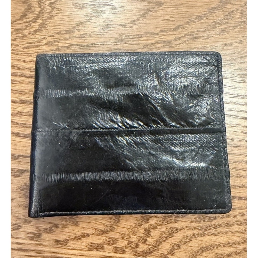 Men's Vintage Genuine Eel Skin Glossy Black Bifold Wallet Made In Korea